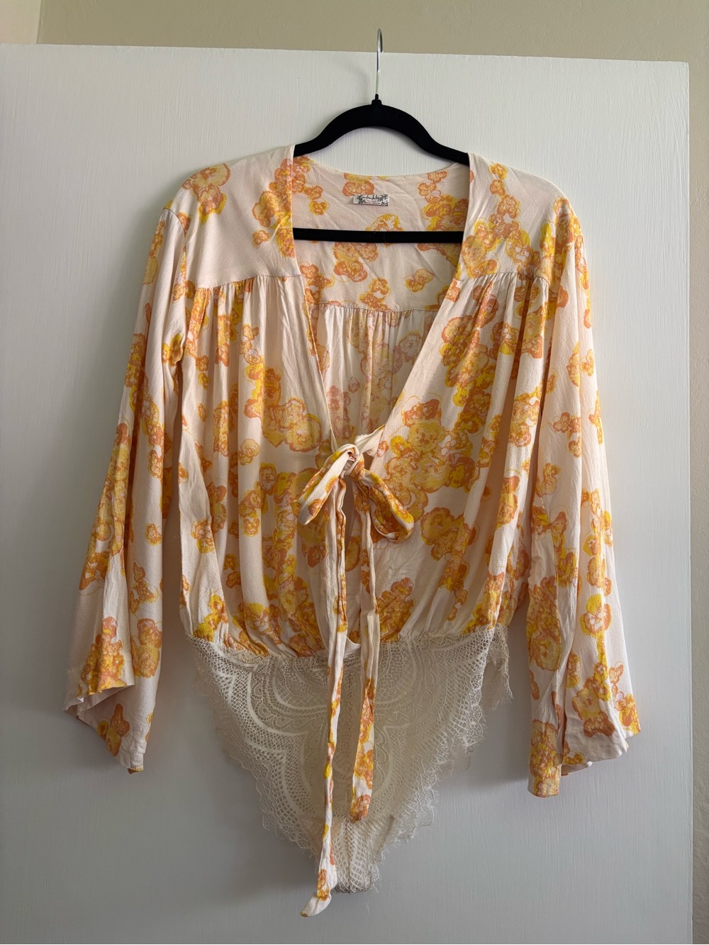 Free People Tie-Front Floral Lace-Trim Bodysuit Top - Cream & Yellow